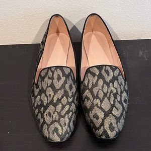 Used J. Crew Black Gold Metallic Glitter Animal Leopard Print Loafer Flat Size 8